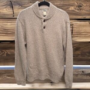 Vintage LL Bean Mens 100% Lambswool Henley Sweater Medium Mock Neck Granola